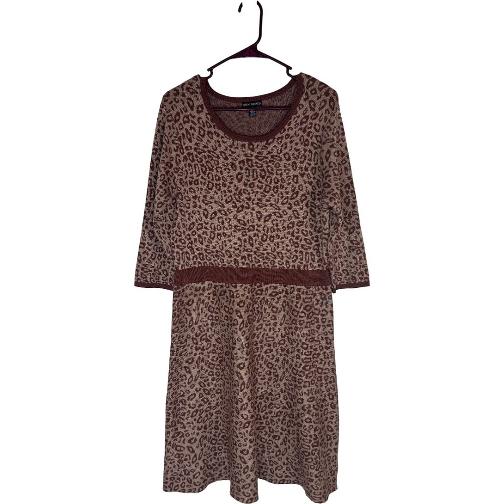 Nina Leonard Sweater Dress Women XL Brown Leopard Print 3/4 Sleeve Fit and Flare